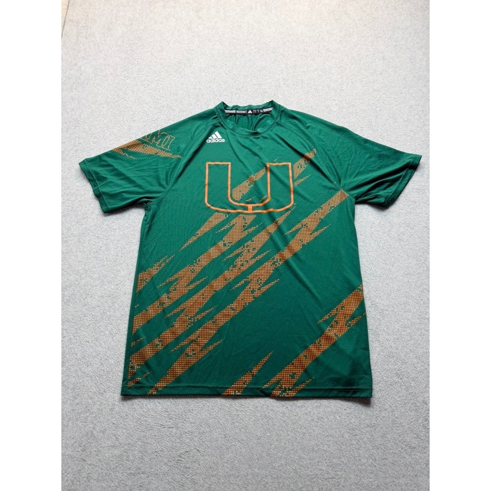 Adidas Miami Hurricanes Mens Green Orange Training Shirt NCAA Logo Tee Size M